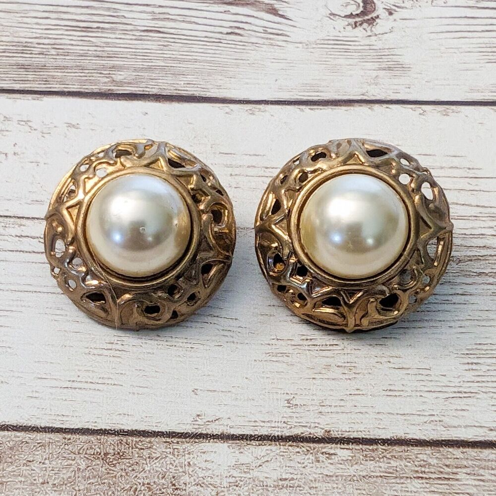 Vintage Clip On Earrings - Domed Ornate Bronze Tone & Faux Pearl 1"